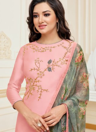 Chanderi Cotton Embroidered Pink Churidar Suit