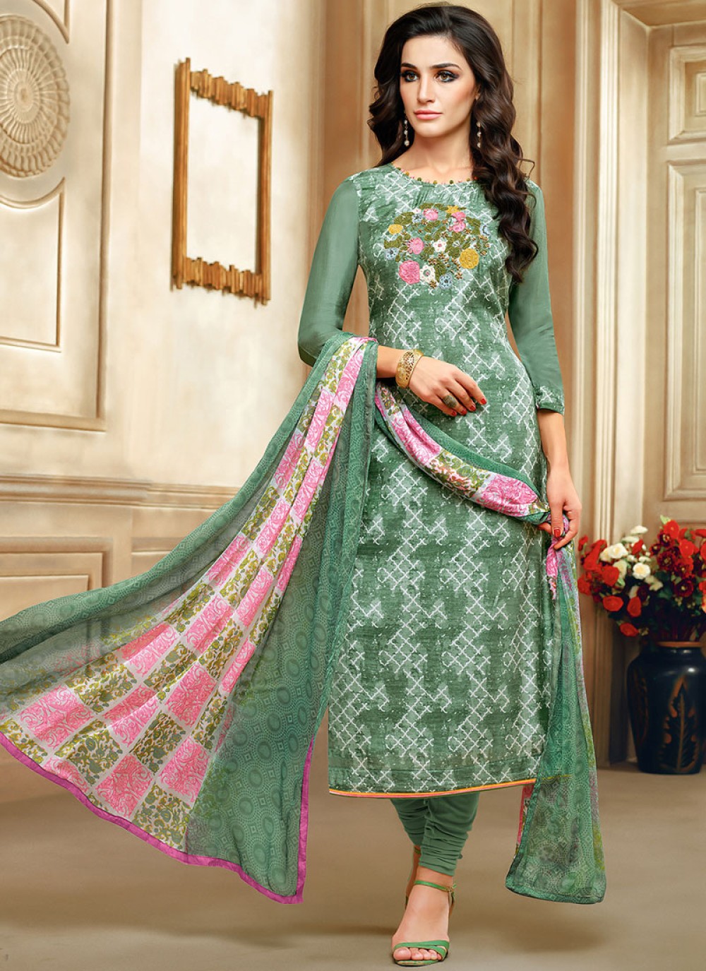 Chanderi Cotton Print Green Salwar Suit