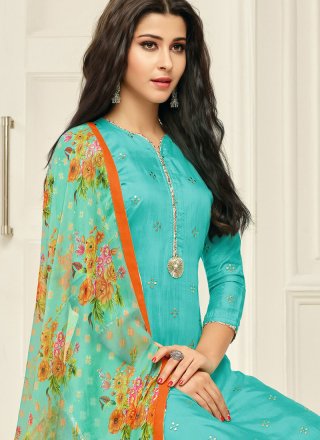 Chanderi Cotton Turquoise Salwar Suit