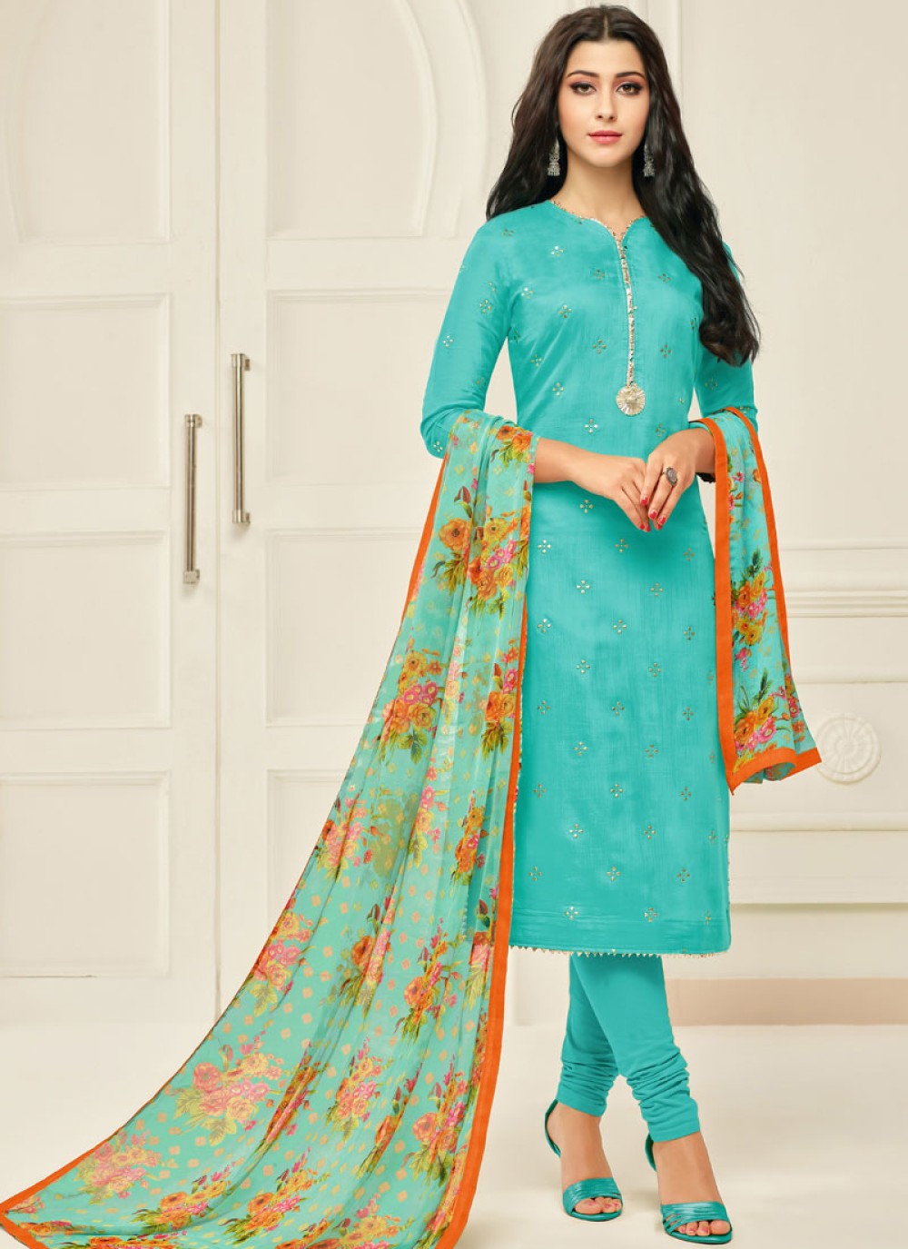 Chanderi Cotton Turquoise Salwar Suit