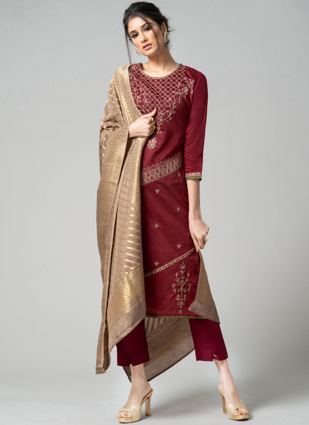 Chanderi Embroidered Pant Style Suit in Maroon