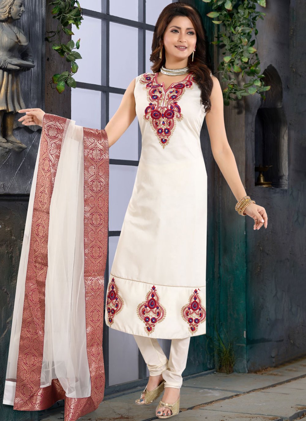 Chanderi Fancy White Churidar Designer Suit