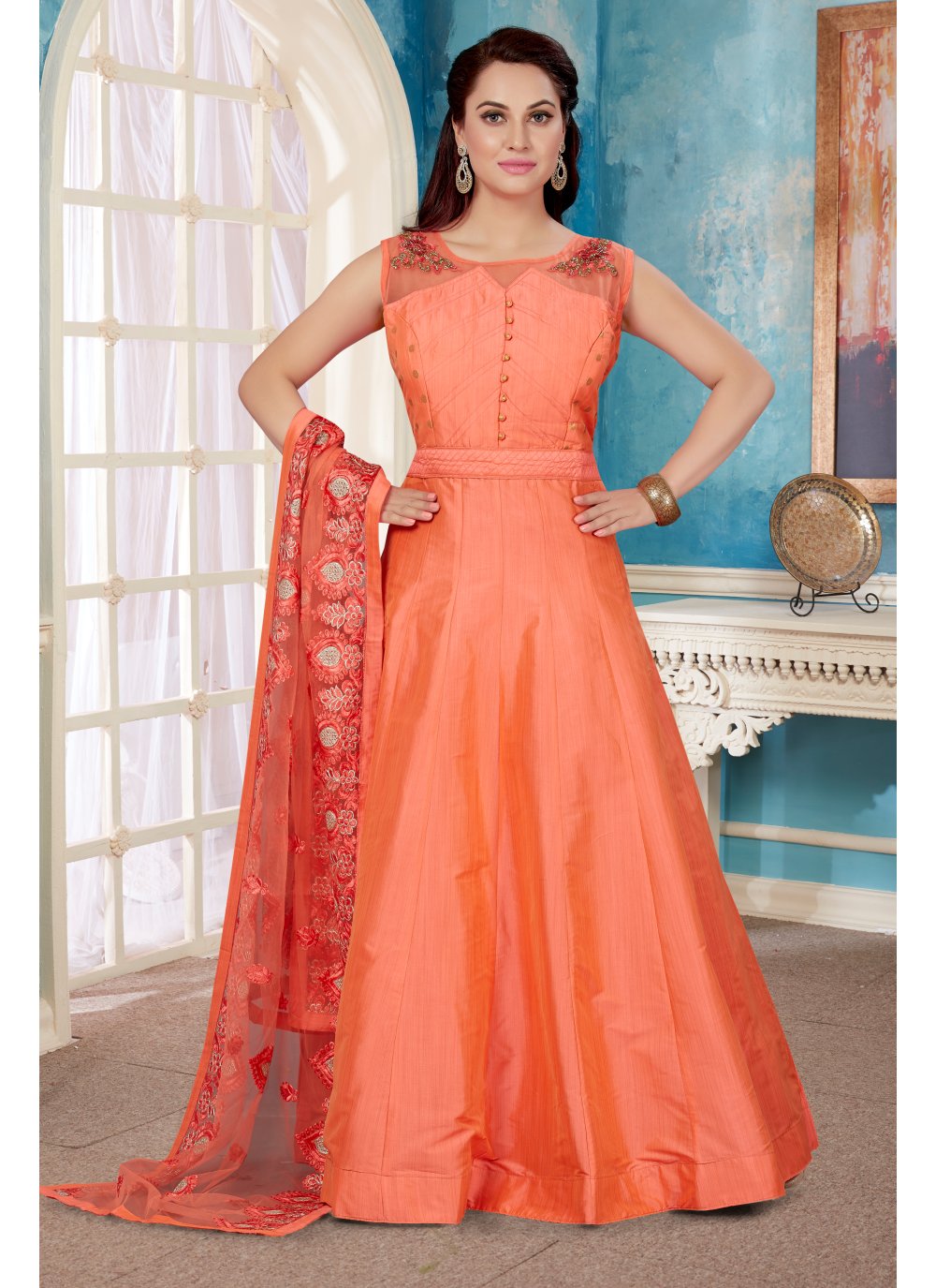 Buy Chanderi Readymade Designer Gown in Peach Online