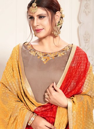 Chanderi Readymade Suit in Brown