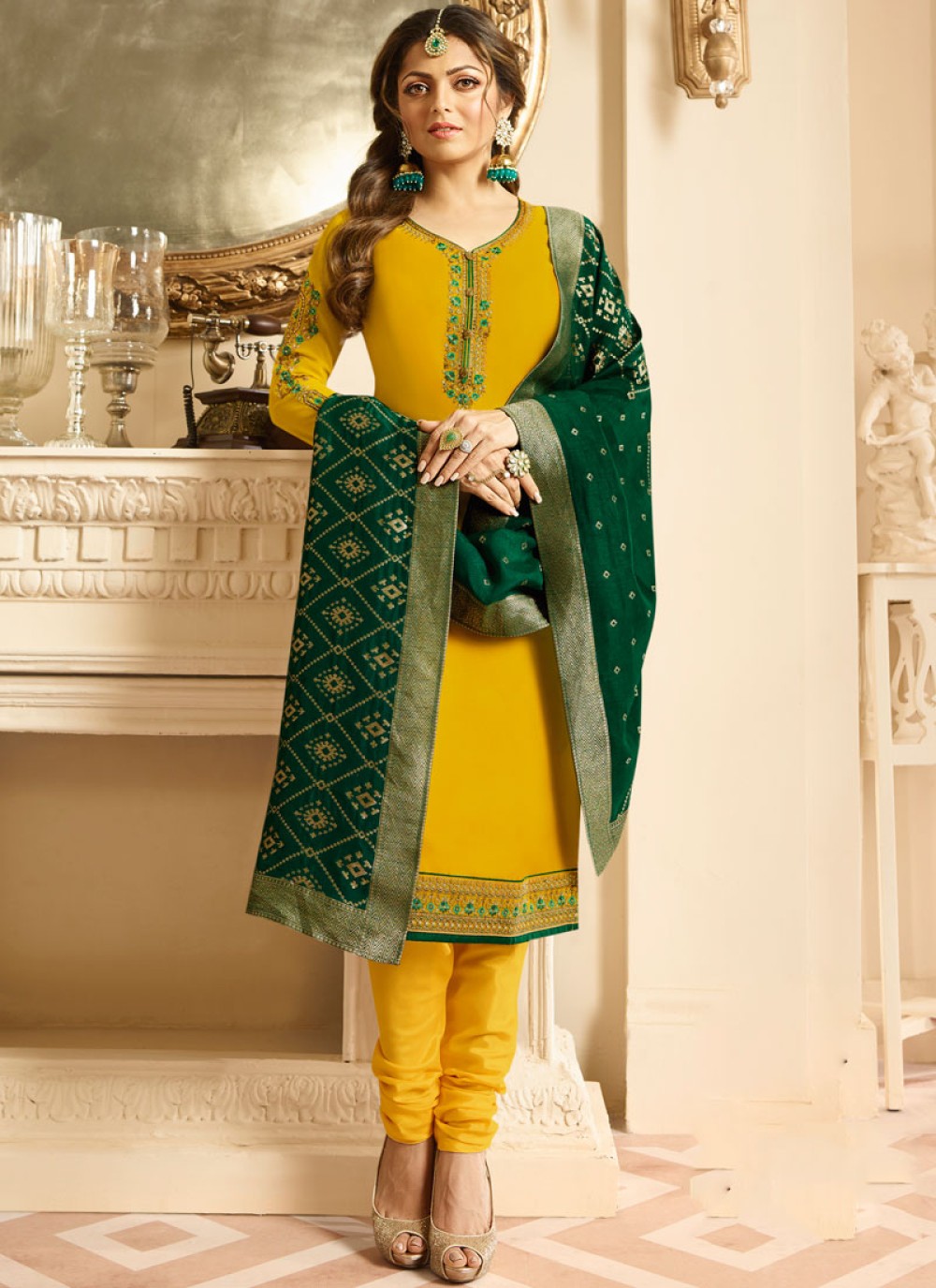 Churidar Designer Suit Embroidered Faux Georgette in Yellow