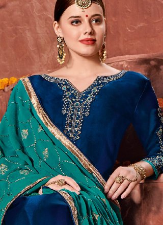 Churidar Designer Suit Resham Satin in Blue