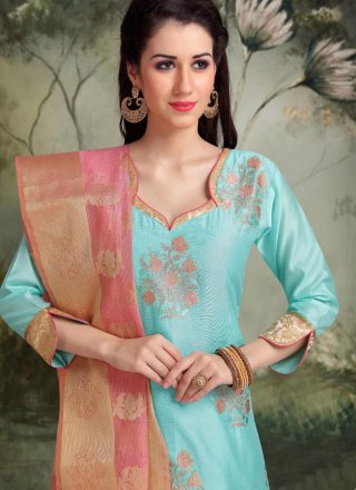 Churidar Salwar Suit Embroidered Banarasi Silk in Blue