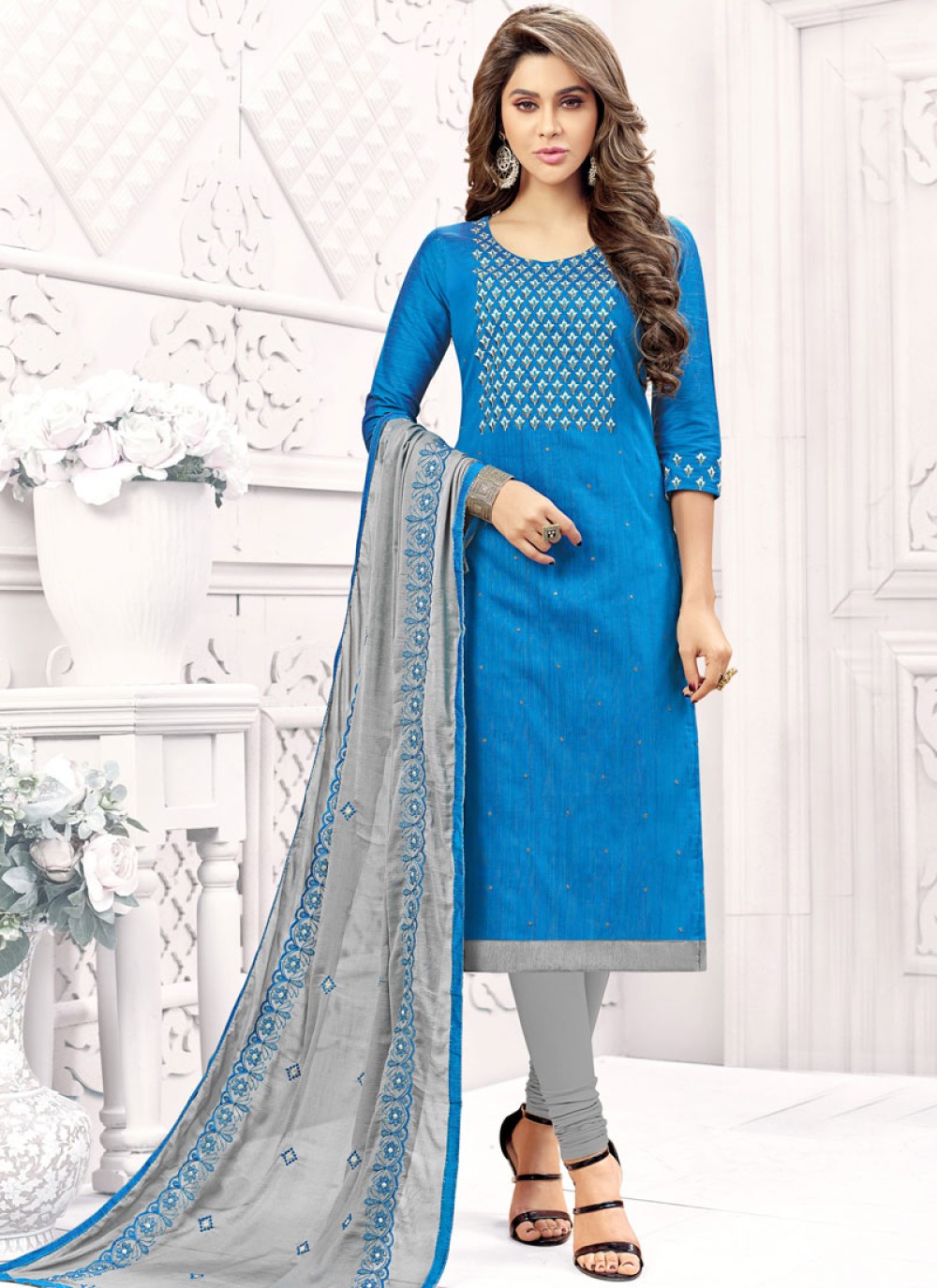 Churidar Suit Embroidered Fancy Fabric in Blue