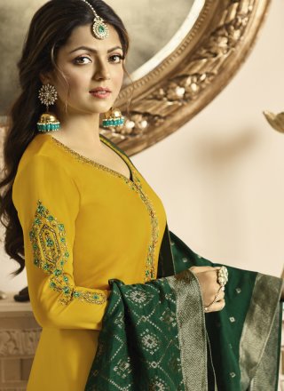 Churidar Suit Embroidered Georgette Satin in Mustard
