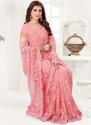 Classic Designer Saree Embroidered Net in Pink