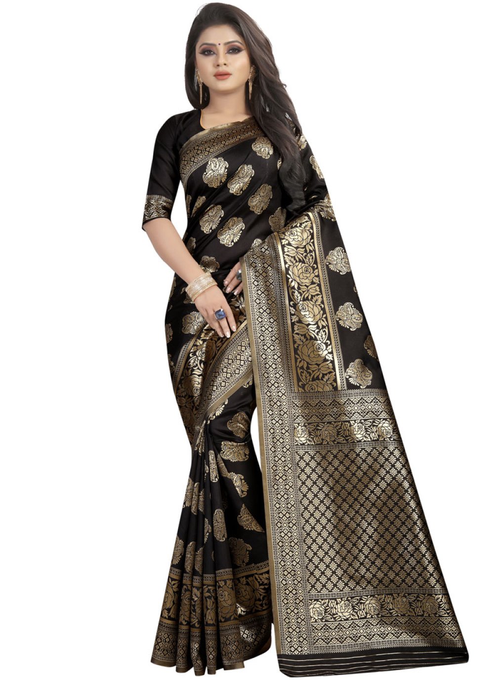 Classic Saree Abstract Print Silk in Black buy online