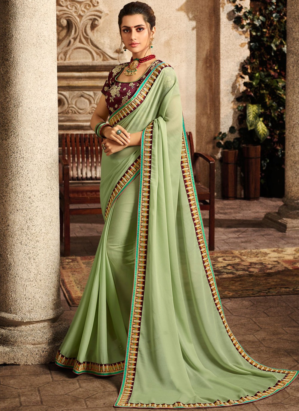 Classic Saree Embroidered Fancy Fabric in Green