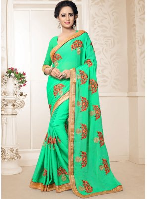 Classic Saree Embroidered Faux Chiffon in Green