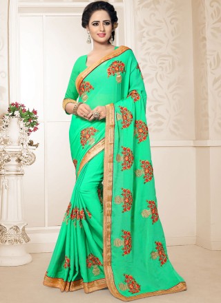 Classic Saree Embroidered Faux Chiffon in Green