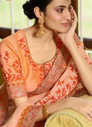 Classic Saree Embroidered Satin in Peach