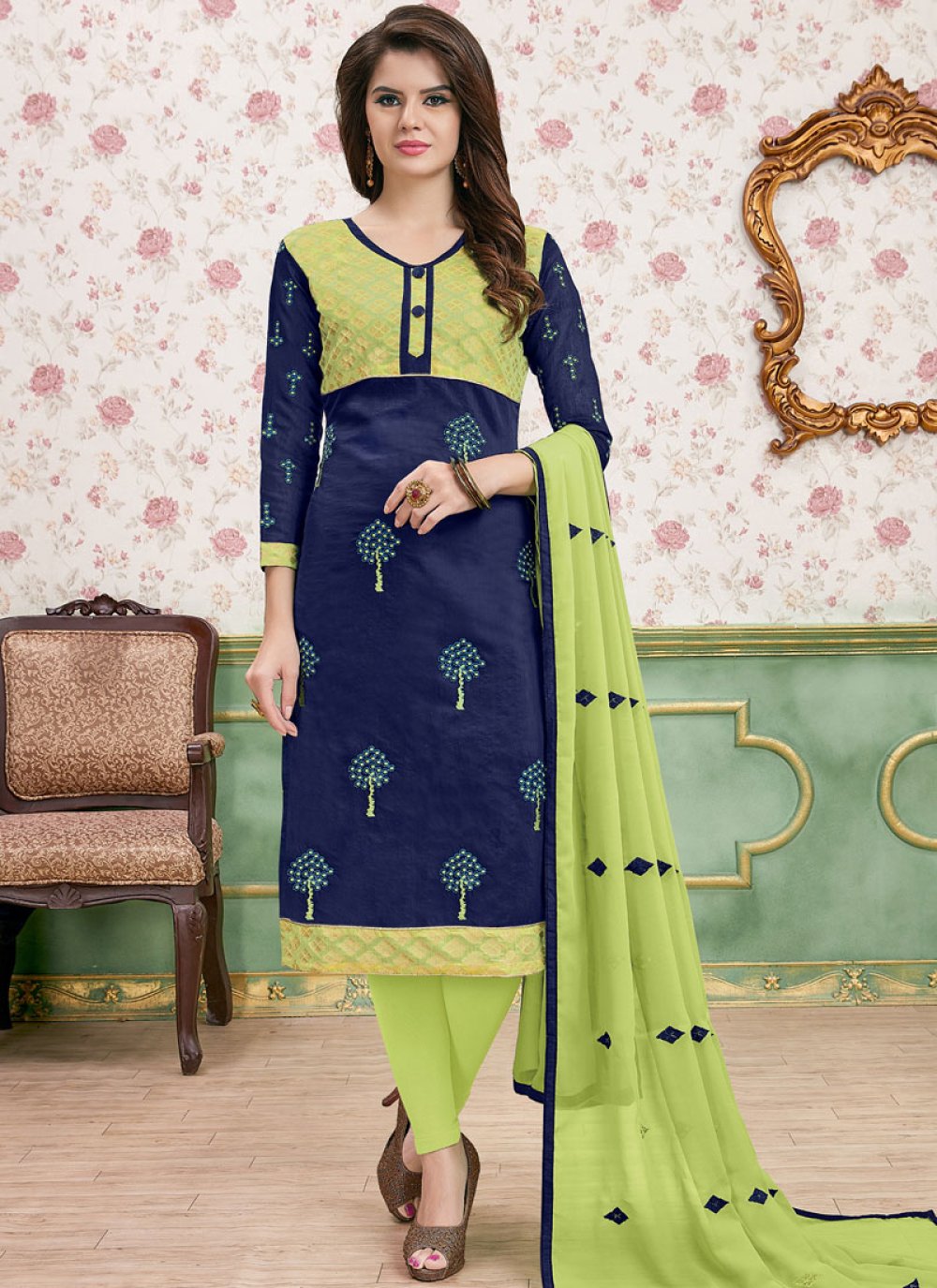 Mouni Roy Fancy Fabric Lace Work Churidar Designer Suit, Fancy Churidar  Neck Designs