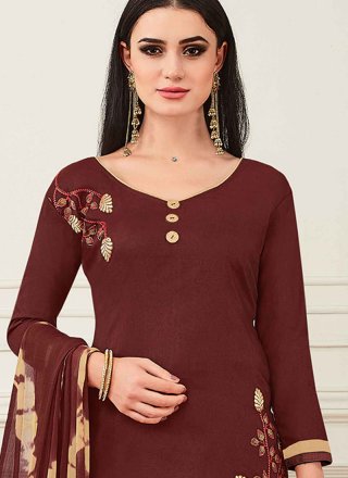 Cotton Brown Embroidered Palazzo Suit