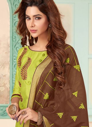 Cotton Embroidered Churidar Designer Suit in Green
