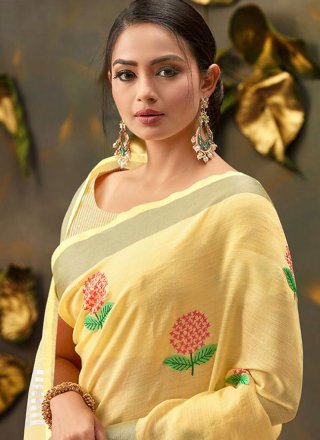 Cotton Embroidered Yellow Trendy Saree