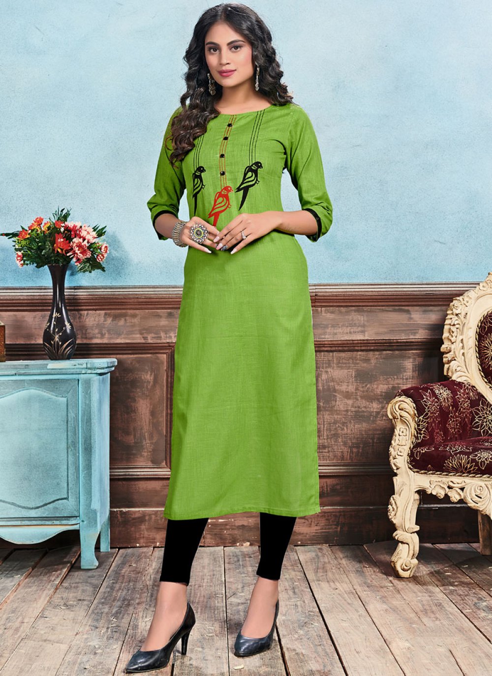 Kantha Woven  Embroidered Straight Fit Kurta  Parrot Green