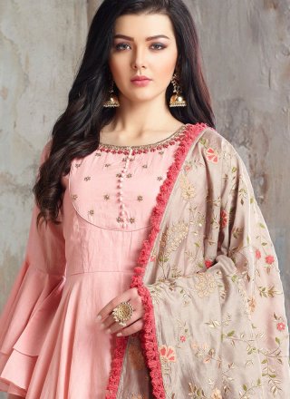 Cotton Handwork Pink Readymade Anarkali Suit