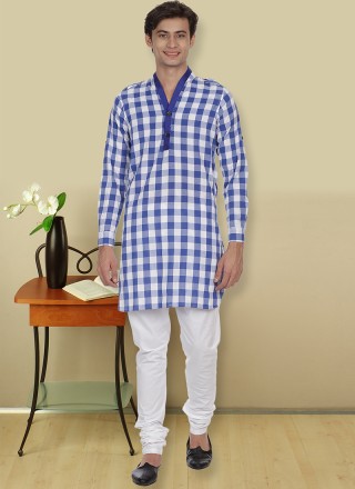Cotton Patchwork Kurta Pyjama in Blue