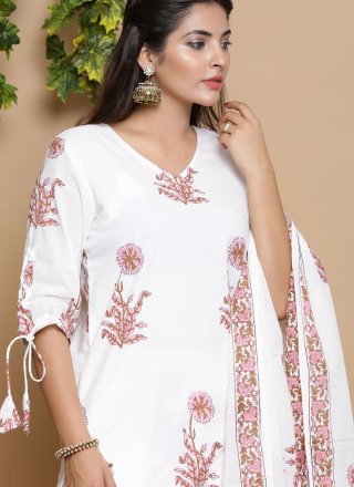 Cotton Print Readymade Suit in White