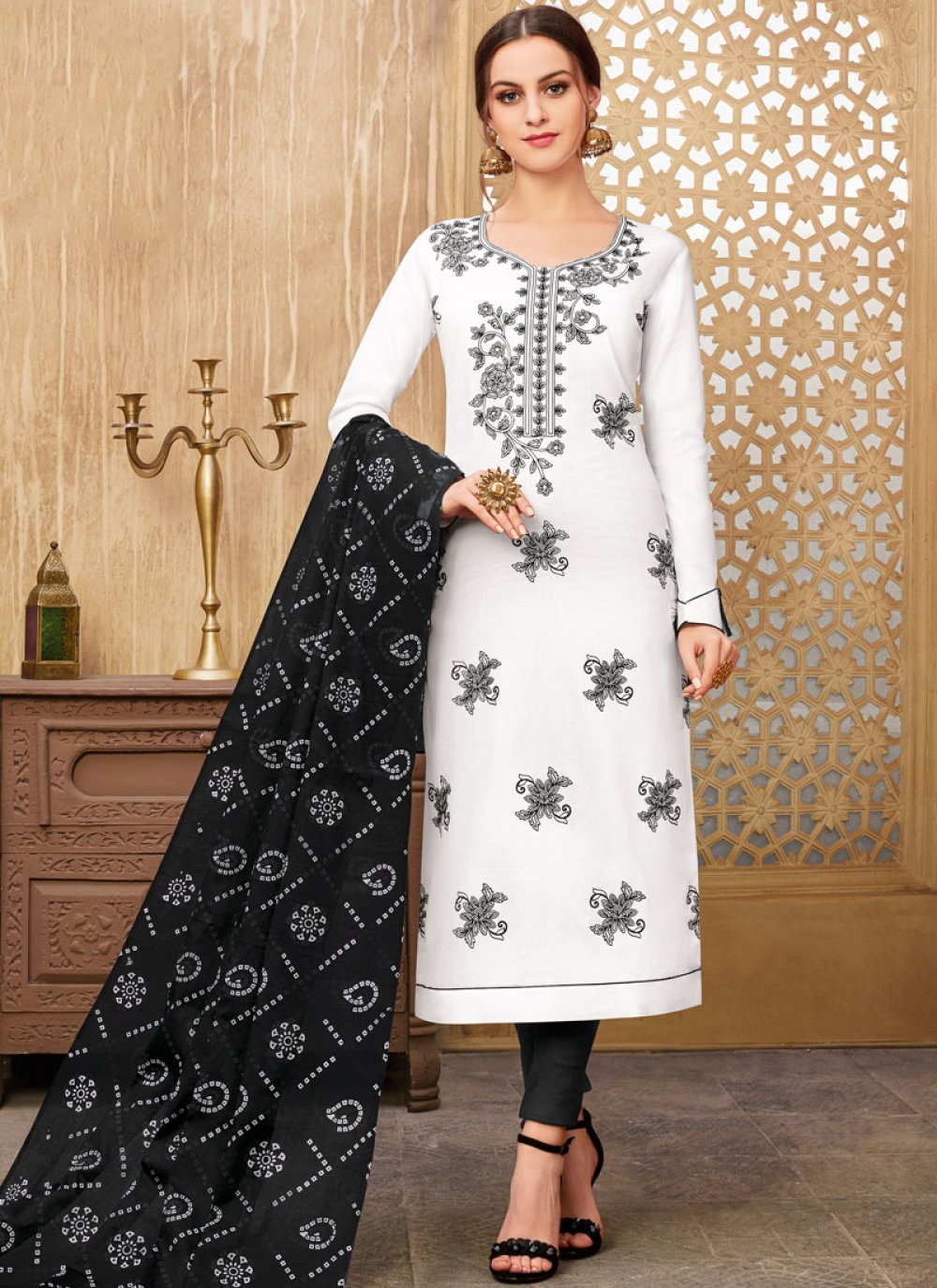 Cotton Printed Black and White Pant Style Suit