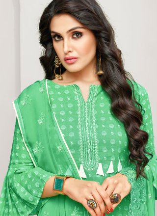 Cotton Satin Green Embroidered Designer Pakistani Suit