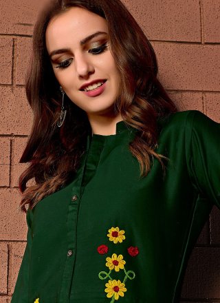 Cotton Satin Green Embroidered Party Wear Kurti