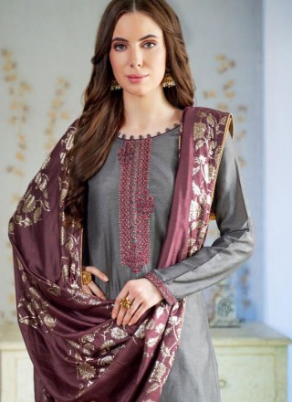 Cotton Silk Designer Pakistani Suit in Grey