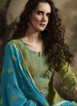 Cotton Silk Embroidered Green Punjabi Suit