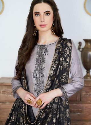 Cotton Silk Embroidered Grey Designer Pakistani Suit