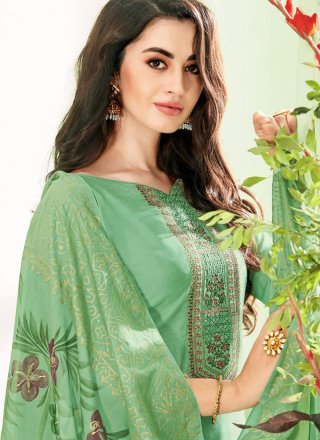 Cotton Silk Green Embroidered Pant Style Suit