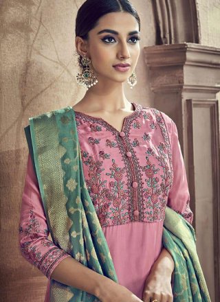 Cotton Silk Resham Pink Designer Palazzo Suit