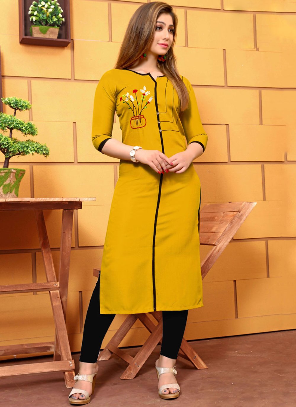 Cotton Yellow Embroidered Party Wear Kurti buy online -