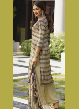 Cream and Grey Faux Crepe Designer Salwar Suit