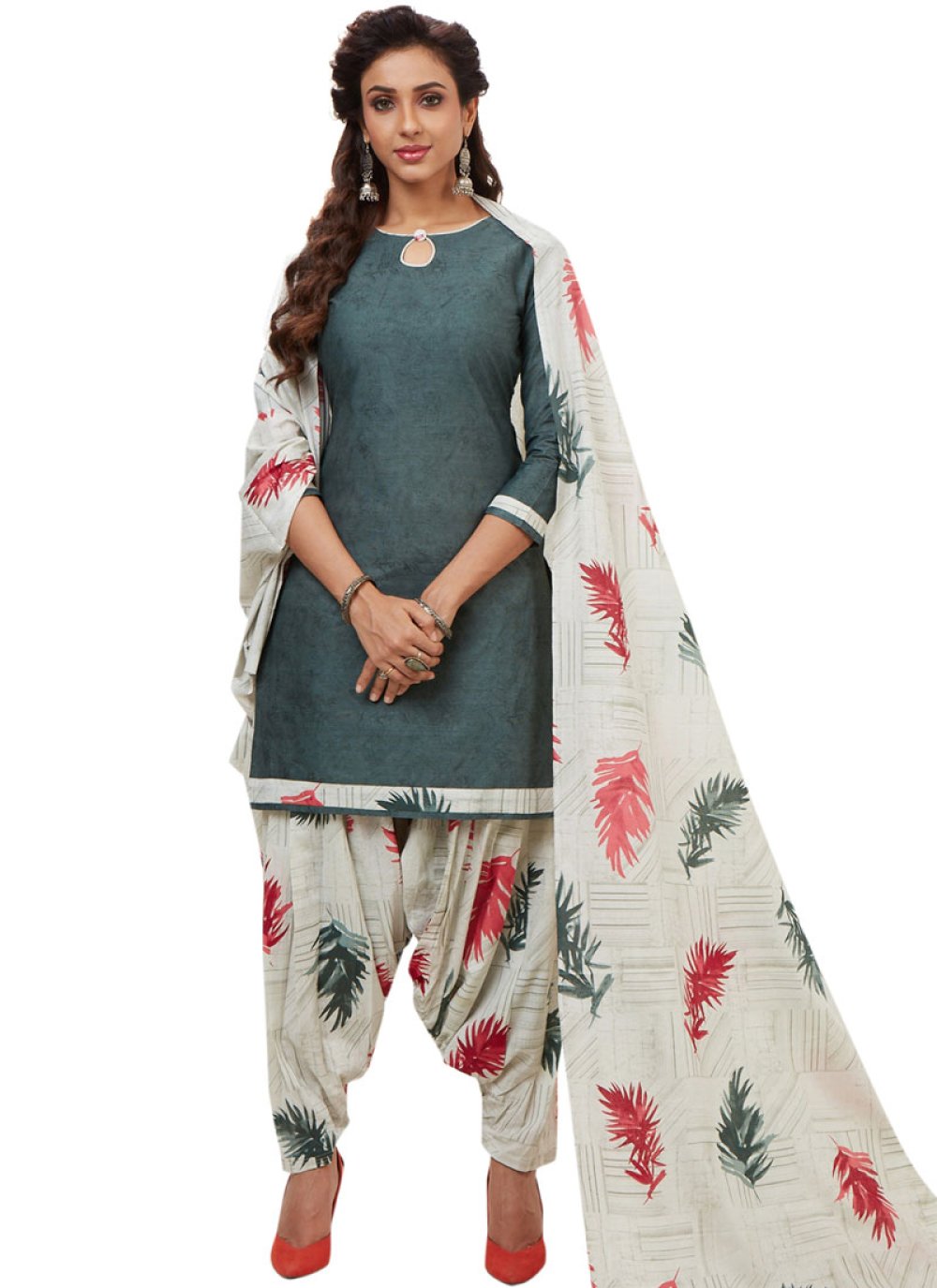 Shop Online Cream and Grey Printed Party Patiala Salwar Suit ...