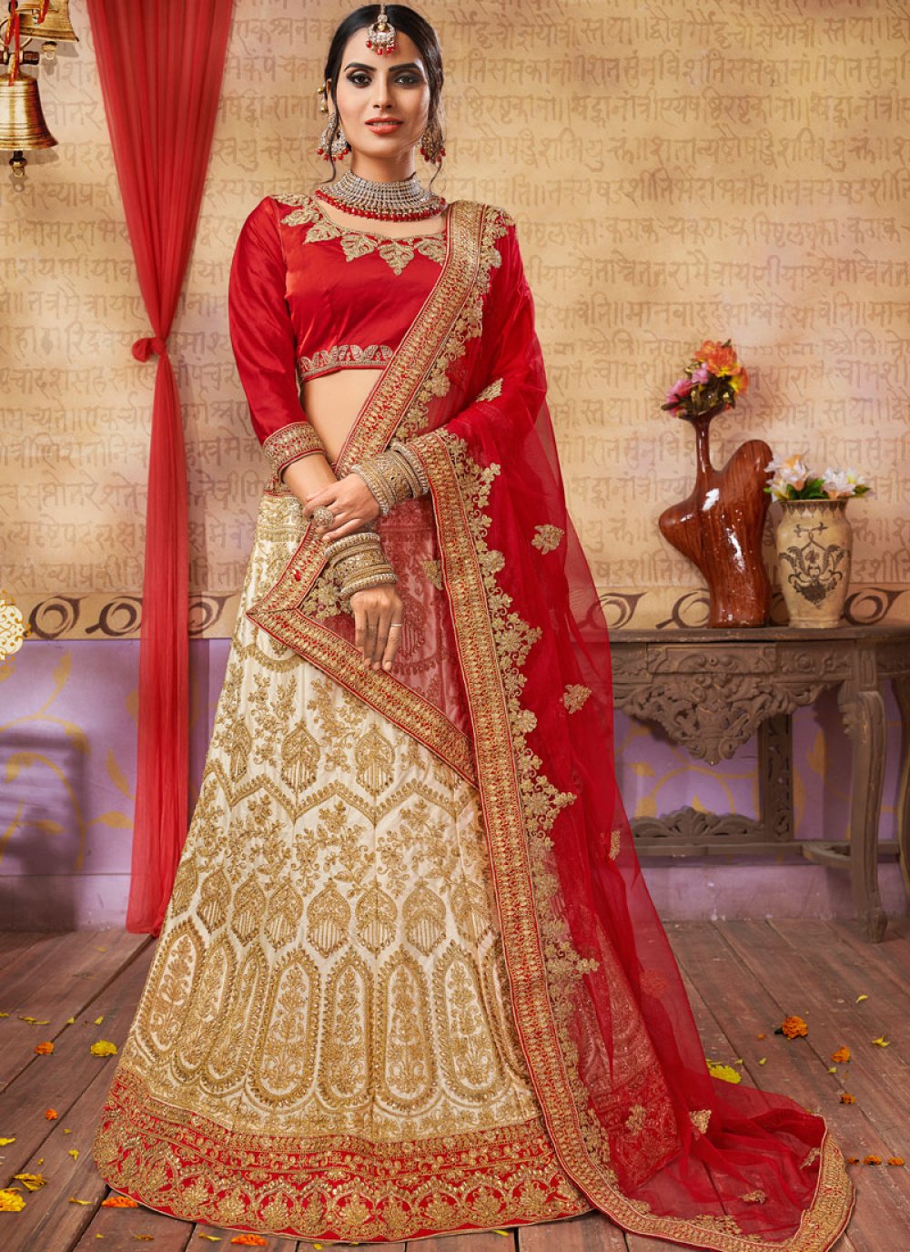 Bridal Wear Cream Color Satin Silk Wedding Lehenga Choli With Net Dupatta