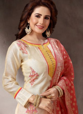 Cream Embroidered Banarasi Silk Churidar Designer Suit