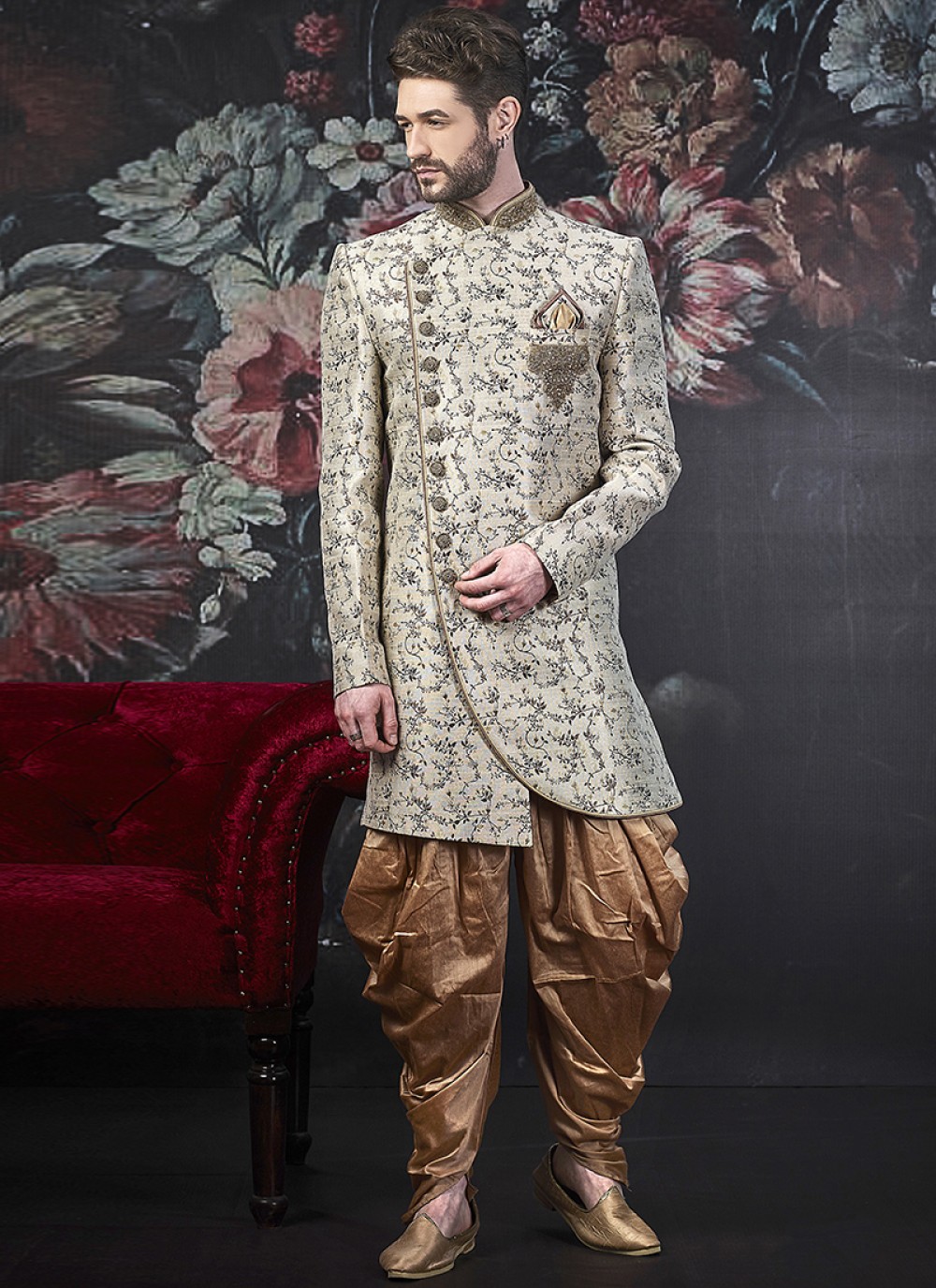 Beautiful Golden Color Wedding Wear Readymade Indo Western For Men In Silk  Fabric