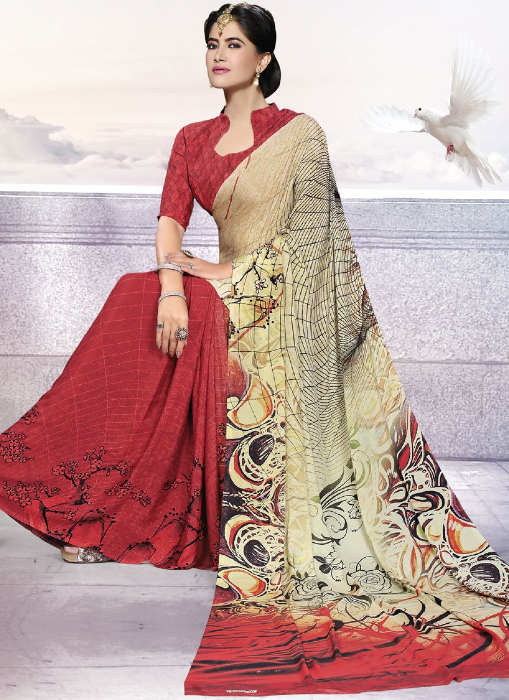 Crepe Silk Beige and Red Printed Trendy Saree