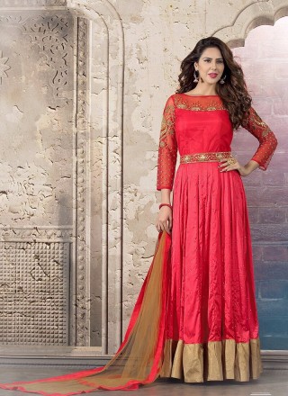 Cutdana Work Red Pure Crepe Anarkali Suit
