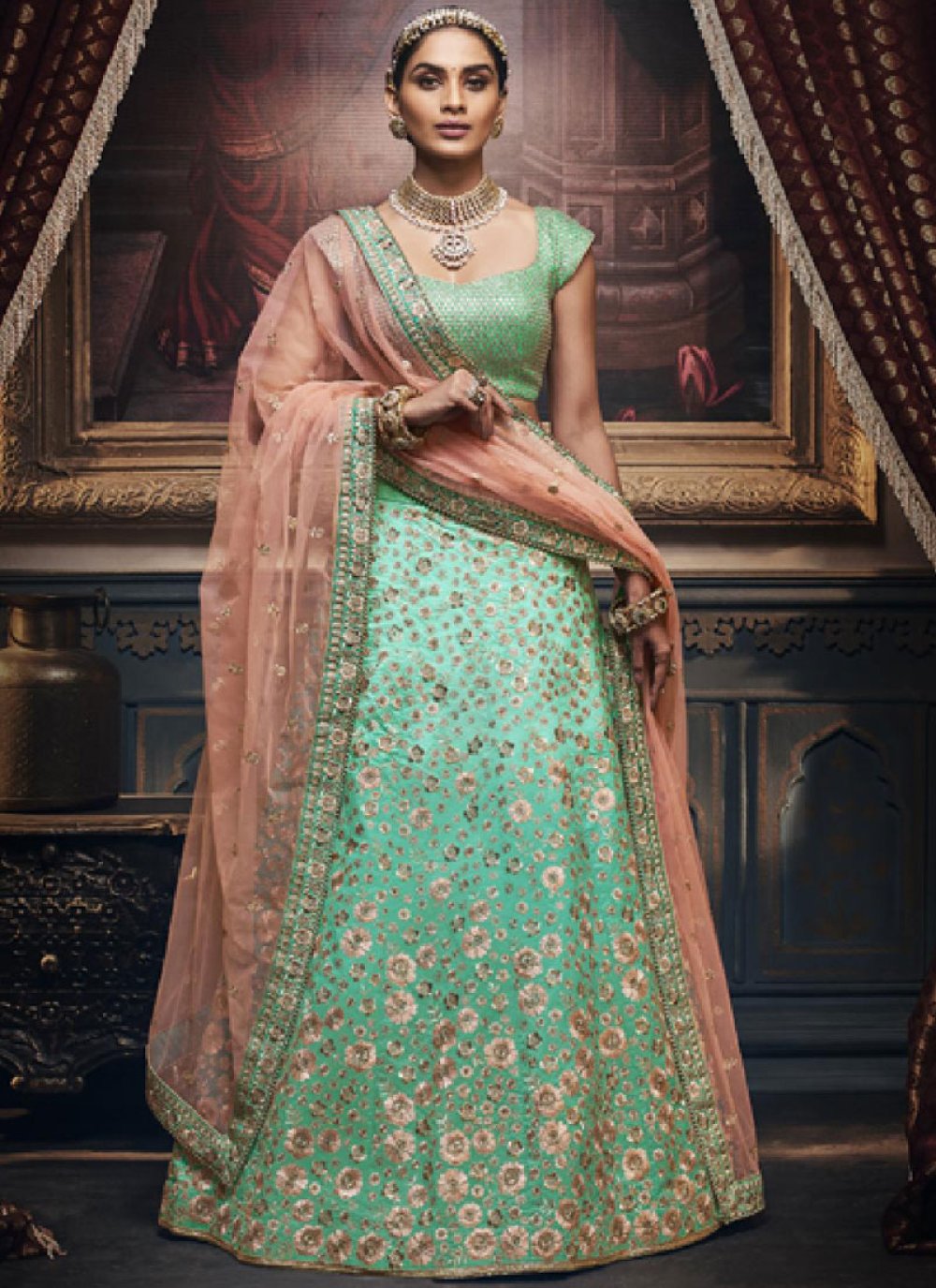 Sea Green Raw Silk Designer Metal Worked Lehenga