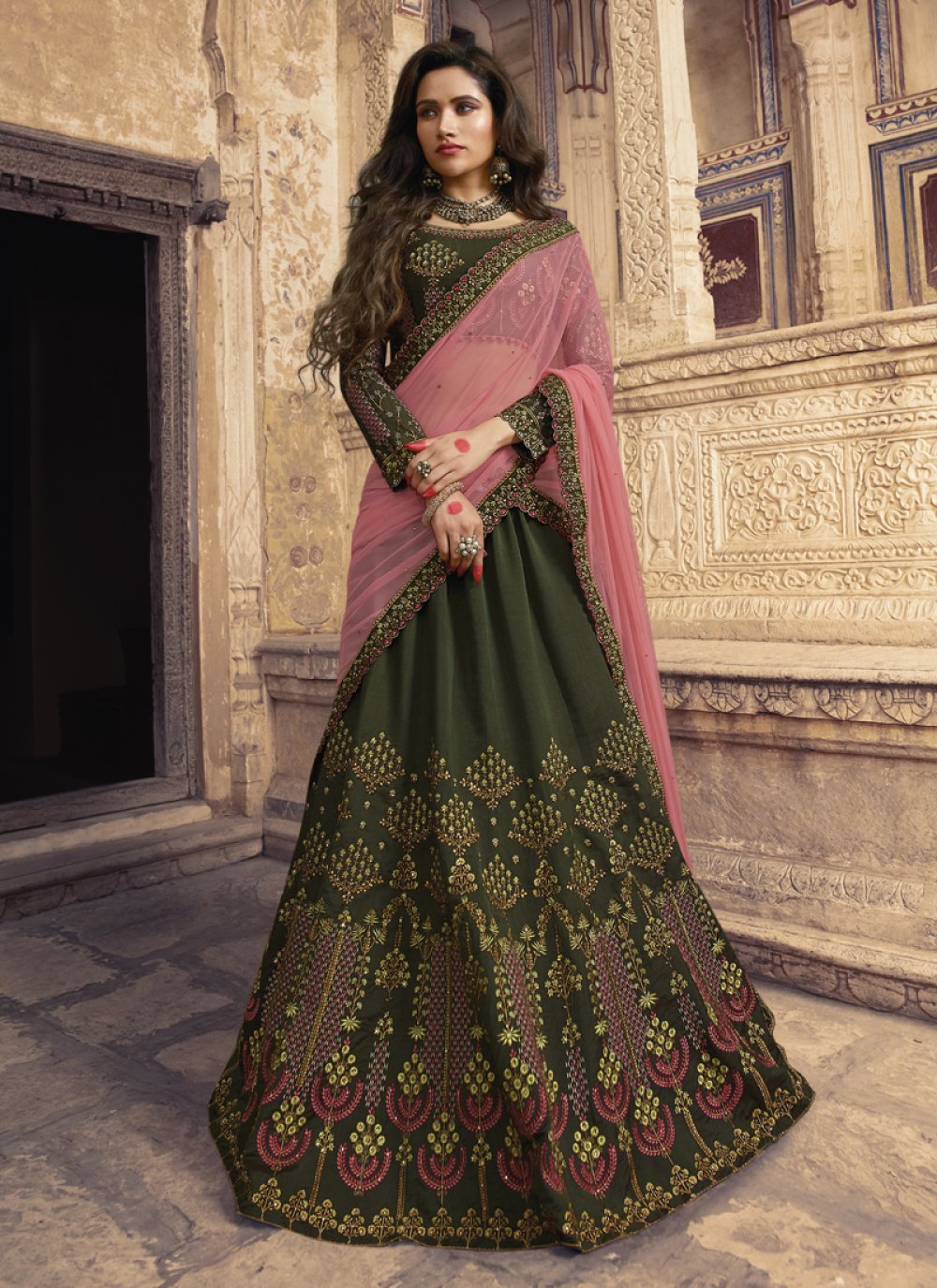 Accentuate Mehndi Raw Silk Designer Lehenga Choli