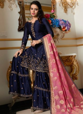 Designer Pakistani Suit Resham Georgette Satin in Blue