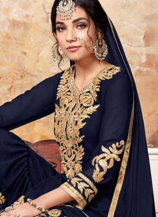 Designer Pakistani Suit Zari Faux Georgette in Blue