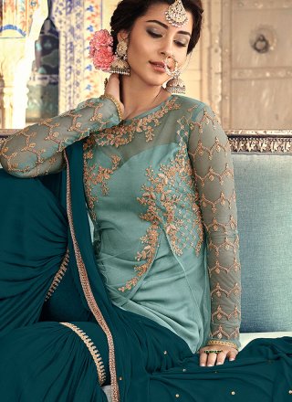 Designer Palazzo Salwar Kameez Embroidered Net in Turquoise