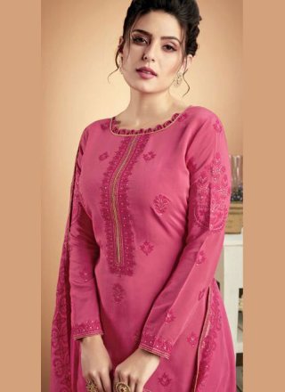 Designer Palazzo Suit Embroidered Muslin in Hot Pink