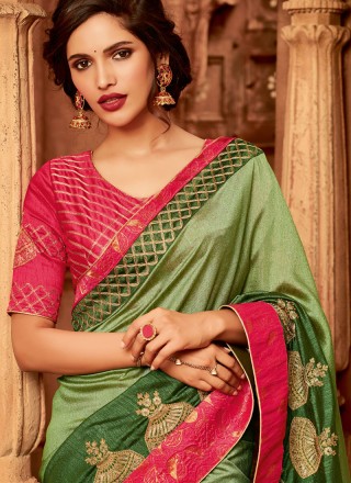 Designer Traditional Saree Embroidered Fancy Fabric in Green